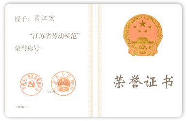江蘇省勞動模范 榮譽(yù)證書葛江宏